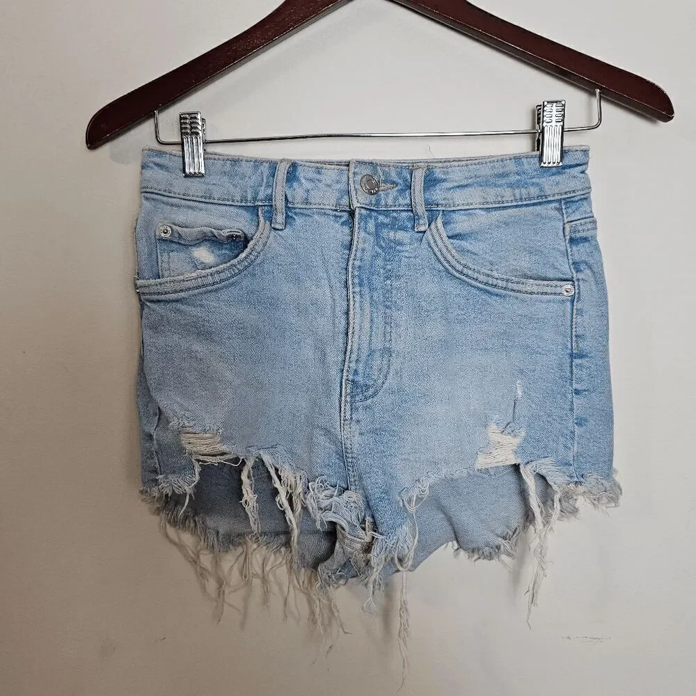 Zara High Rise Frayed Denim Stretch Short Women's Blue Size 4